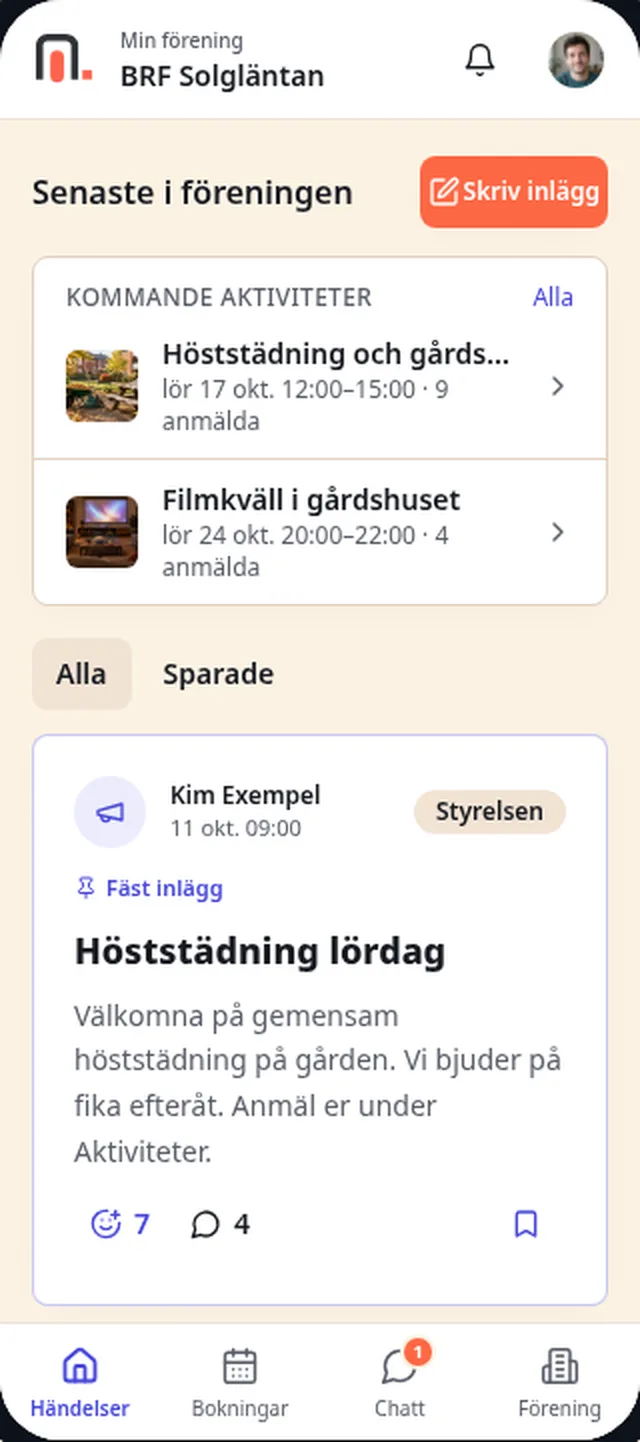 Exempel från Kindra – exempeldata: föreningens flöde på mobil