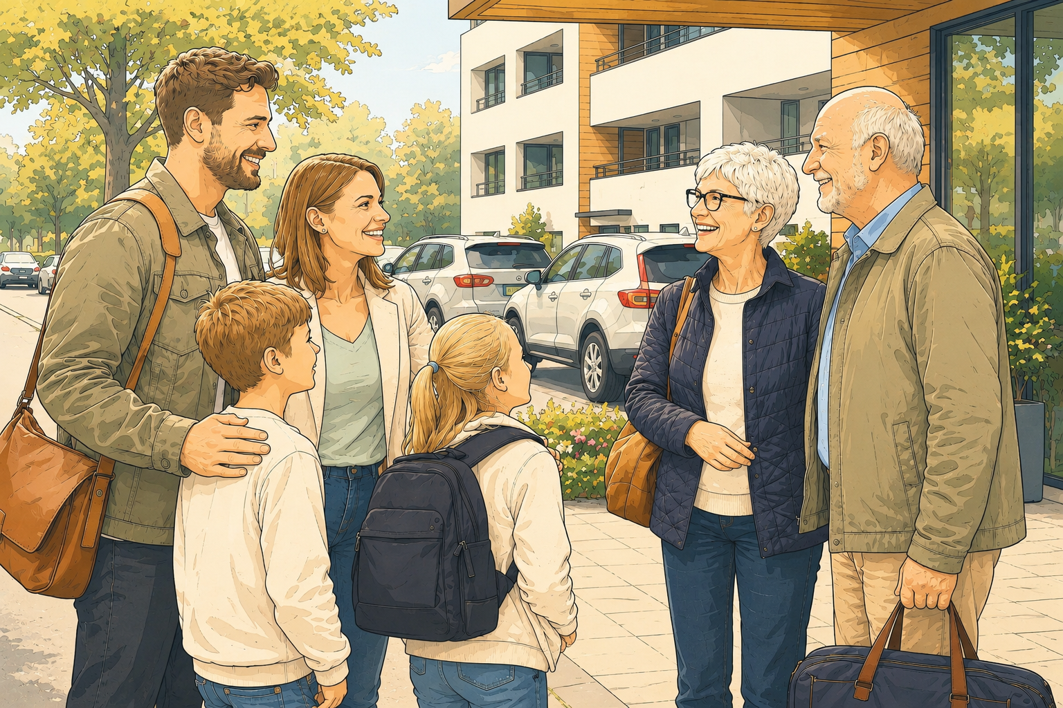 Två grannar utbyter en parkeringsnyckel utanför en bostadsrättsförening